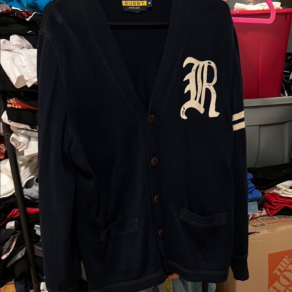 Vintage Rugby Navy Cardigan with White Lettering